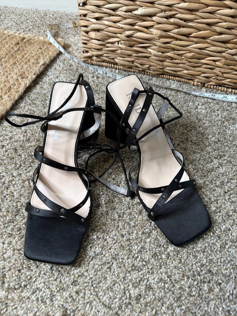 Raid, black satin square toe heels lace up EUC 9 461